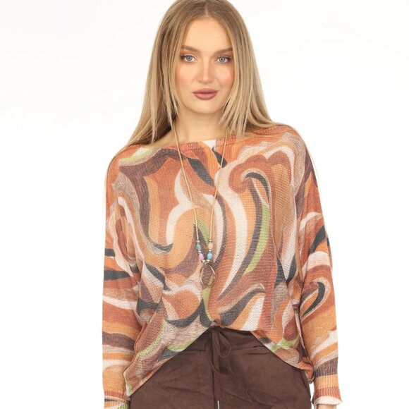 Mustard Brown Print Mesh Top - Picture 1 of 5